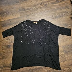 Belldini Womens Black Rhinestone Mid Sleeve Loose Fit Top Size Small